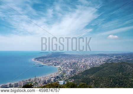Attractive Spring Cityscape Of Vlore City From Kanines Fortress. Captivating Morning Sescape Of Adri