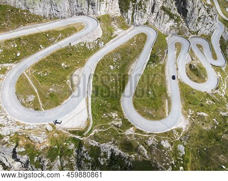 Drone View At Tremola The Old Road To Gotthard Pass In Switzerland