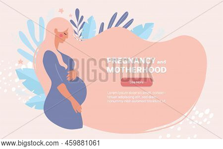 Modern Beautiful Pregnancy And Maternity Banner. Pregnant Woman On A Pink Background, Side View, Cop