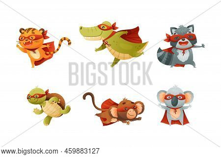 Animal Character Superhero Dressed In Mask And Red Cape Or Cloak Ready To Rescue Vector Set