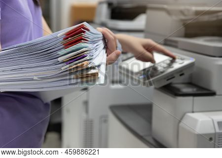 Woman Standing And Pressing Button Button On Panel Of Printer, Printer Scanner Laser Office Copy Mac