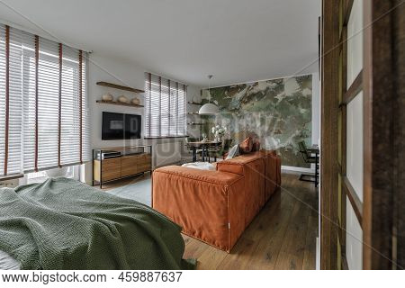 Modern Japandi Interior Design Appartment In Earth Tones, Natural Textures With Wooden Solid Oak Fur