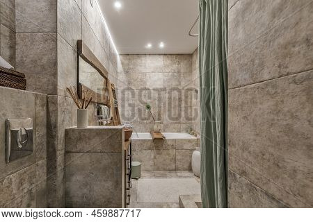 Modern Japandi Bathroom Interior Design In Earth Tones, Natural Textures With Wooden Solid Oak Furni