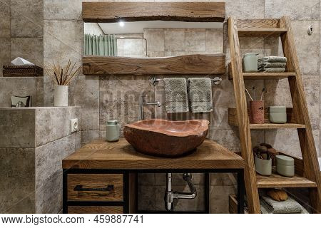 Modern Japandi Bathroom Interior Design In Earth Tones, Natural Textures With Wooden Solid Oak Furni