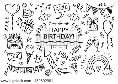 Happy Birthday Doodle Set. Sketch Party Decoration, Gift Box, Cake, Party. Hand Drawn Elements