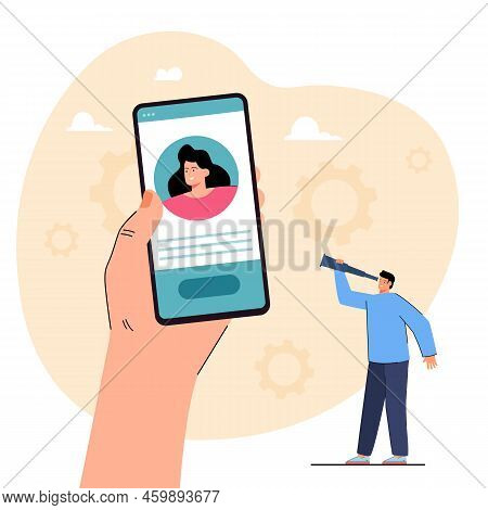 Man Looking At Womans Social Profile On Phone Screen Flat Vector Illustration. Tiny Man Looking For 