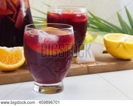 Glasses With Traditional Spanish Drink Made From Red Wine, Orange Juice And Soda. Tinto De Verano, C