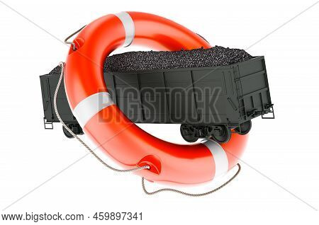Mineral Wagon With Coal Inside Lifebelt, 3d Rendering Isolated On White Background