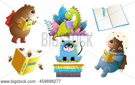Animals Reading Books And Studying, Cartoon Set For Library Or School, Cute Bear Monster And Dragon 