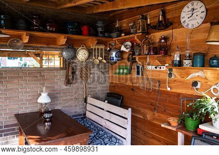 Stroe, Gelderland, The Netherlands, 07 12 2022 - Wooden Interior Of A Self Made Garden Shed