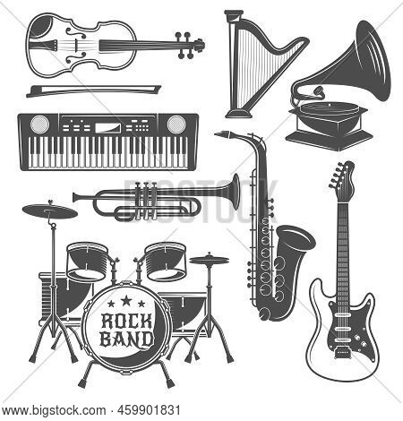 Music Monochrome Elements Set With Violin And Harp Synthesizer Quitar Percussions And Saxophone Isol