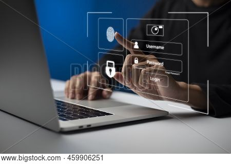 Person Using Laptop And Touching Virtual Screen For Two-factor Authentication For Safety Use Of Soci