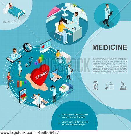 Isometric Medicine Template With Medical Consultation Doctors Patient In Hospital Ward Smartwatch Mo