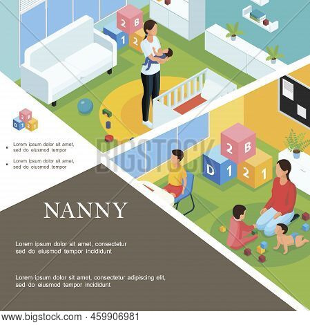 Isometric Nanny Work Template With Babysitter Puts Baby To Sleep And Nanny Playing With Kids In Chil