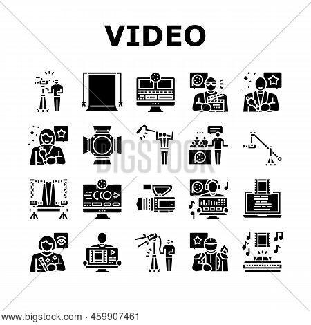 Video Production Film Studio Icons Set Vector. Movie Camera, Media Studio, Digital Profession Tv, Te