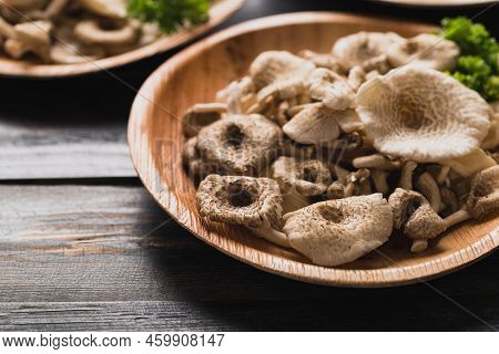 Fresh Edible Mushroom (lentinus Squarrosulus) In Natural Plate On Wooden Background, Organic Food In
