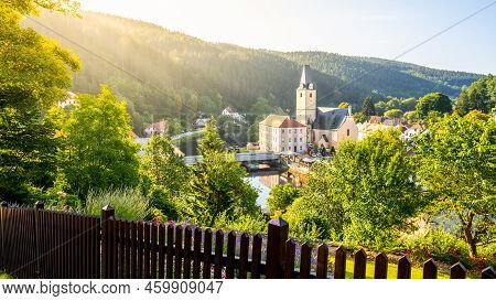 Rozmberk Town Panorama With Church Of St. Nicholas, Rozmberk Nad Vltavou, Czech Republic