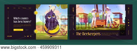 Beekeeping Landing Page Vector Templates. Cartoon Illustration Of Male And Female Characters Working