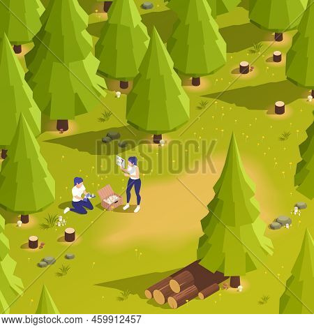 Food Industry Profession Isometric Background With Two Female Mycologists Viewing Mushrooms Through 