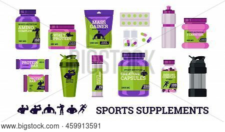 Supplements For Athletic People - Vitamins, Protein Bars, Creatinine, Flat Vector Illustration Isola