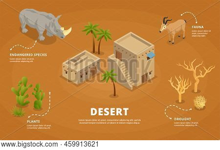 Desert Isometric Infographics Background With Representatives Of Endangered Species Of Fauna And Pla