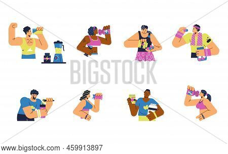 People Mix And Drink Protein Shakes And Gainers, Flat Vector Isolated.