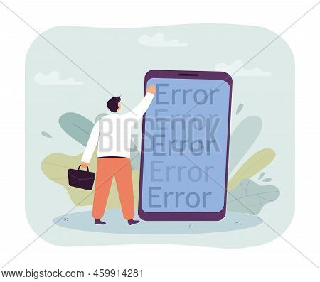 Office Worker In Front Of Huge Phone With Word Error On Screen. Man Having Problems With Software Fl
