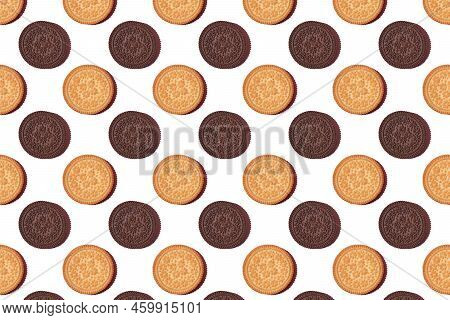 Pattern Of Cookies. Cookies On A White Background. Flat Lay. Ssandwich Cookies Filled With Sweet Cre