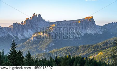 Dolomites Panoramic View At Morning Sunrise Time. Croda Da Lago Ridge. Italy