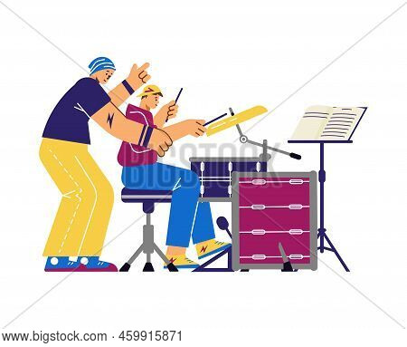 Experienced Drummer Teaching Young Boy To Play On Instrument Flat Style