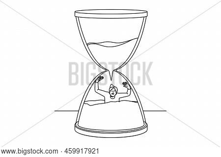 Stressed Man Sinking In Sandglass Losing Time. Male In Despair In Hourglass Miss Deadline. Time Orga