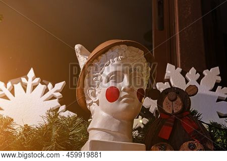 Russia, Sochi 22.12.2021. Greek Antique Plaster Head Indoors. Plaster Head Of Hermes. Plaster Head I