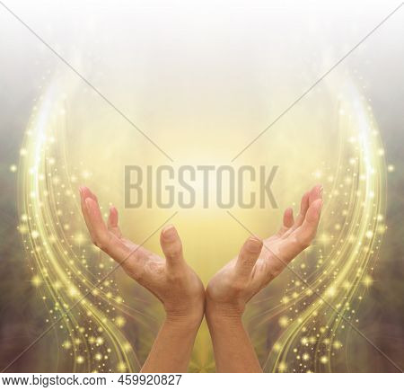 Absorbing Golden Ethereal Energy Healing  -  Female Cupped Hands Reaching Up Into Bright White Light