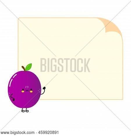 Plum Poster Character. Vector Hand Drawn Cartoon Kawaii Character Illustration. Isolated White Backg