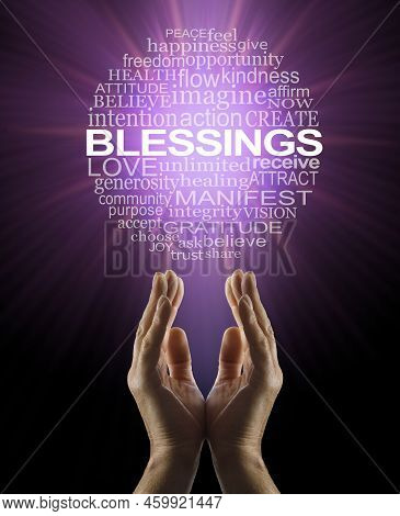 Blessings Wall Art Word Cloud -  Male Hands Reaching Up Towards A Circular Blessings Tag Cloud Again