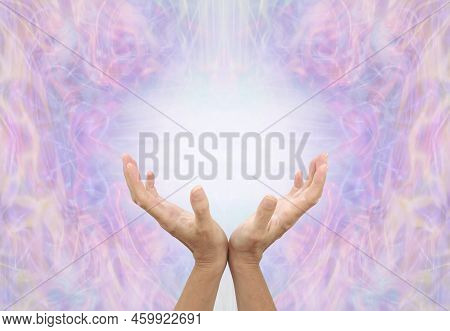 Faith Healer Sending Energy Distant Healing - Female Cupped Hands Reaching Up To A  White Light Ener