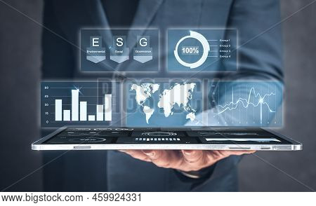 Businessman Use Tablet For Analyze Return On Investment Esg. Esg Environmental Social Governance Bus