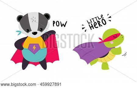 Superhero Baby Animals In Capes And Masks Set. Cute Little Badger And Turtle Dressed As Superheroes 