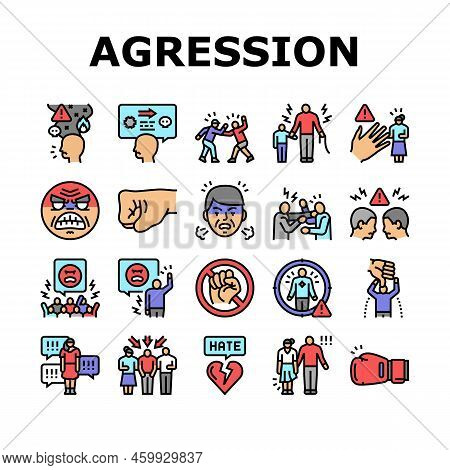 Violence First Aggressive Hand Icons Set Vector. Anger Conflict, Aggression Human Fight, Man People 