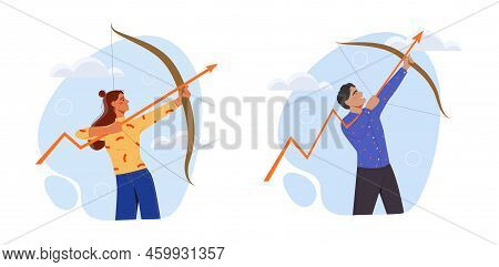 Economic Recovery. Entrepreneurs Point Financial Arrow Or Statistics Upwards. Male And Female Invest