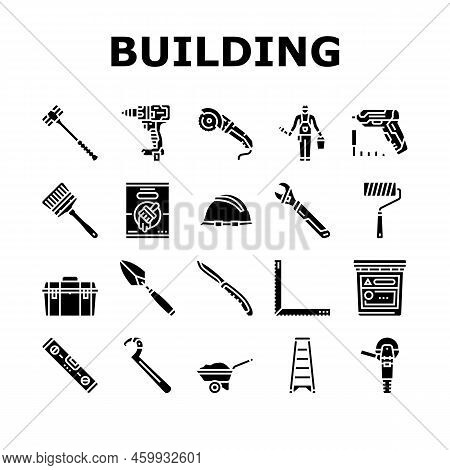 Building Tool Hammer Repair Drill Icons Set Vector. Home Saw, Construction Screwdriver House Work, B