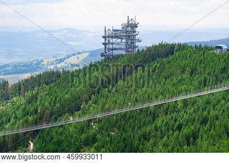 Sky Walk Observation Tower In The Forest Between Mountain Hills Near Sky Bridge 721 In A Sunny Summe