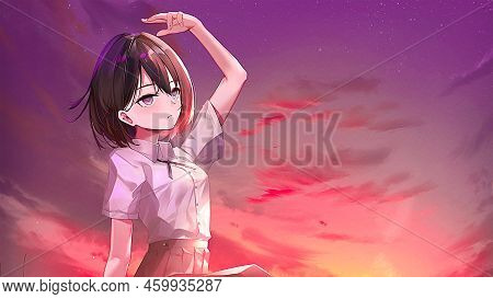 Anime Short Hair School Girl Fantasy Digital Art 3d Illustration Landscape Wallpaper