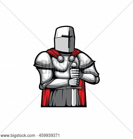 Knight In Protective Metal Suit, With Hands On Sword Isolated Medieval Armour. Vector Man In Halberd