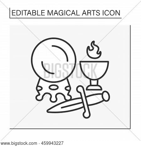 Crystal Ball Line Icon. Crystal Ball To Predict The Future. Dagger And Goblet Of Fire. Magical Arts 