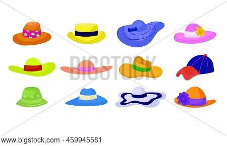 Summer Cap Or Cartoon Hat And Sunhat Set Icon. Beach Accessory Girl And Elegant Clothes Isolated Vec