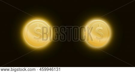 Set Of Gold Dollar Coins With A Bright Glow On Dark Background. Vector Illustration