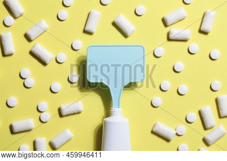 Titanium Dioxide, E171, Dangerous Additive Concept. Gum, Pills, Toothpaste Or Cream And Sign With Sp