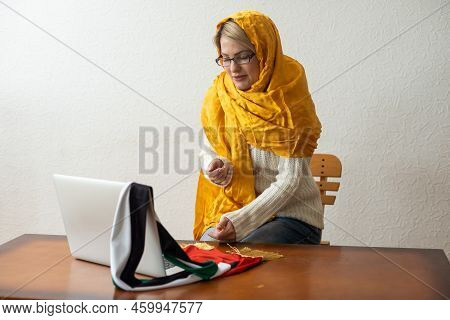 Portrait Of Woman, Uae National Flag, Laptop