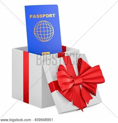 Passport Inside Gift Box, Present Concept. 3d Rendering Isolated On White Background